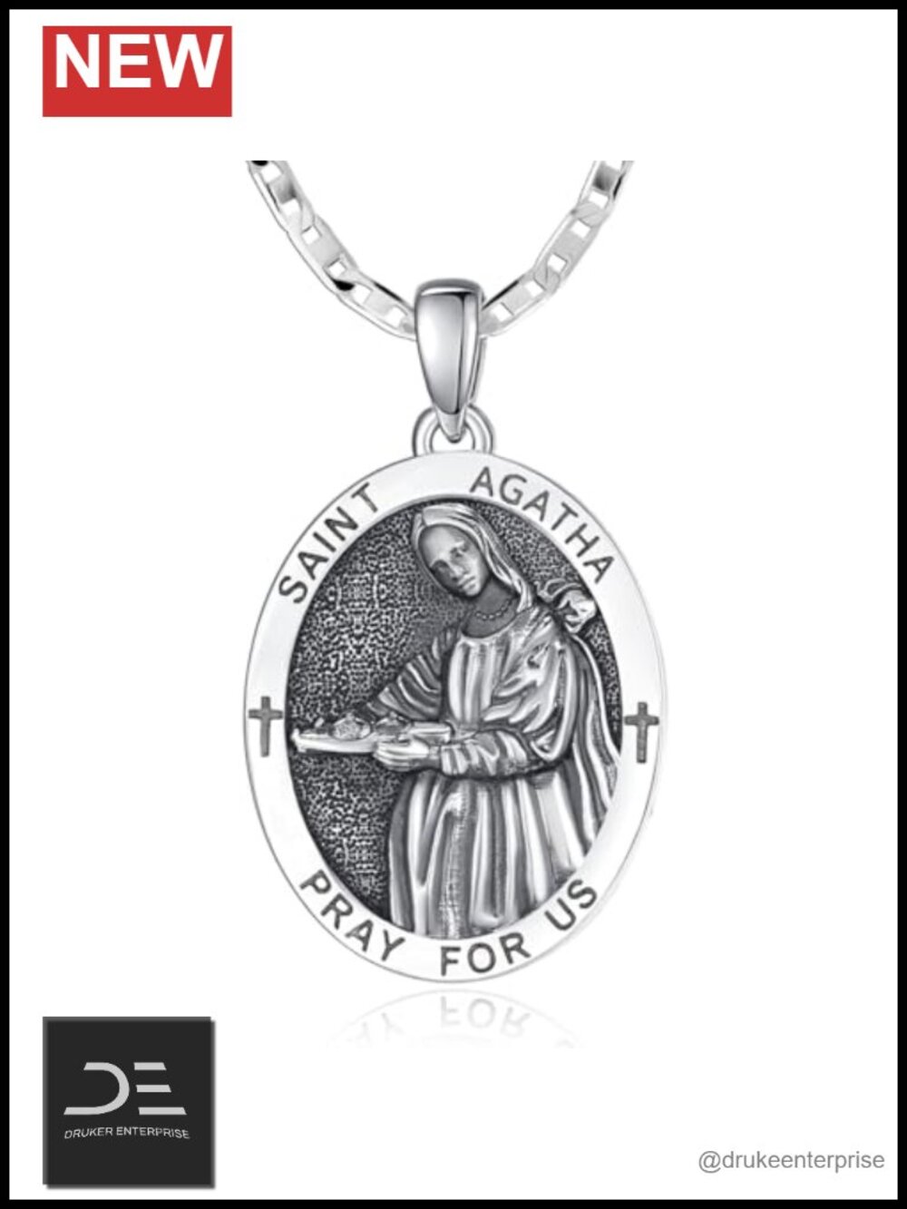 Sterling Silver Saint Agatha Pendant Necklace Protection Religious Gift